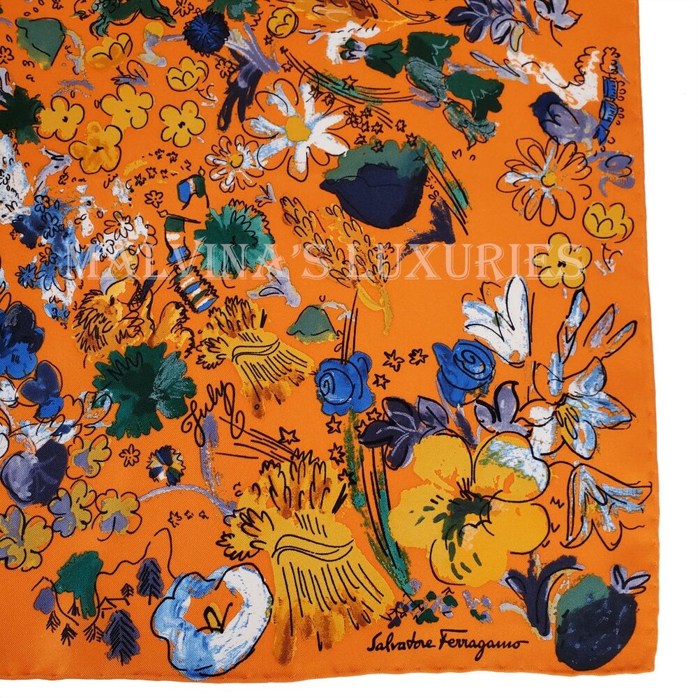SALVATORE FERRAGAMO SCARF SIGNATURE FLOWER SEASON MULTICOLOR PRINT SILK 35" - Picture 9 of 14